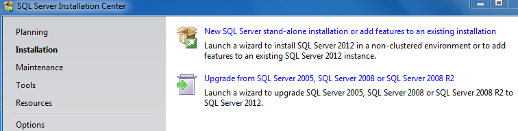 Pantalla de inicio de la instalación de SQL